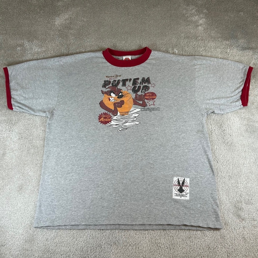 Vintage 2003 Looney Tunes Taz Put Em Up Ringer T-Shirt Men's XL Grey Red Graphic